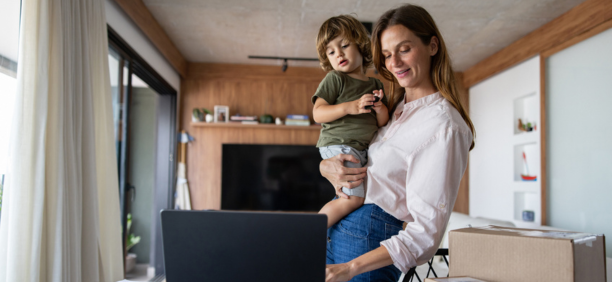 Woman checks benefits with child