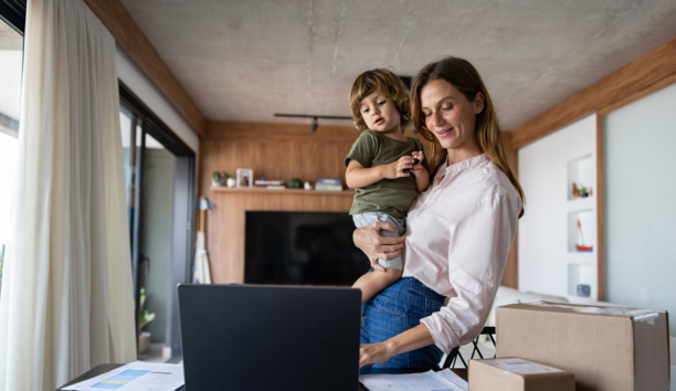 Woman checks benefits with child