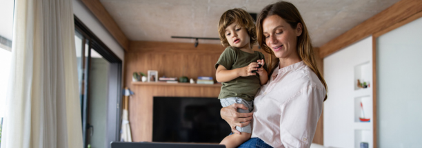 Woman checks benefits with child