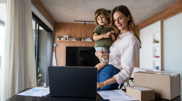 Woman checks benefits with child